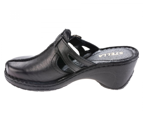 Klapki damskie Stella 666 czarny skóra klamerka wycięcia w cholewce koturna Klapki damskie Stella 666 czarny skóra klamerka wycięcia w cholewce koturna